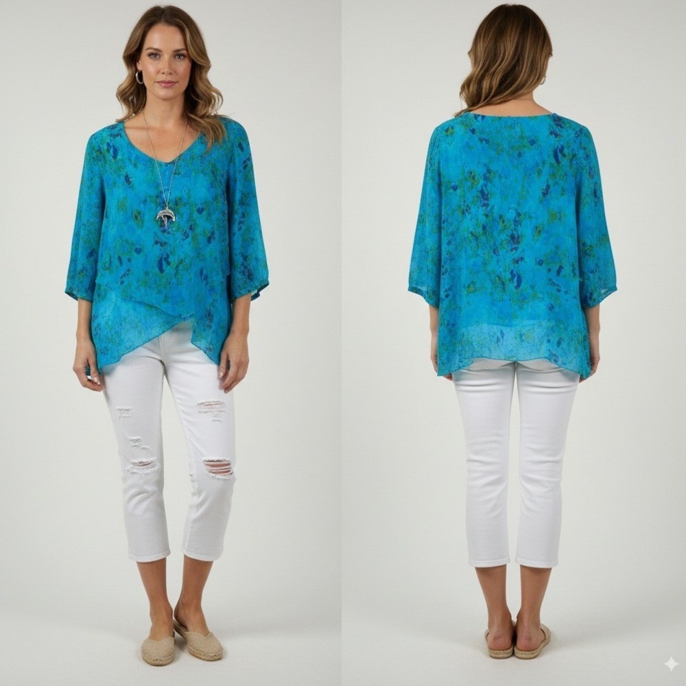 Vintage Click by Color Me Cotton CuproRayon Abstract Top Blouse XL Blue Green‎
